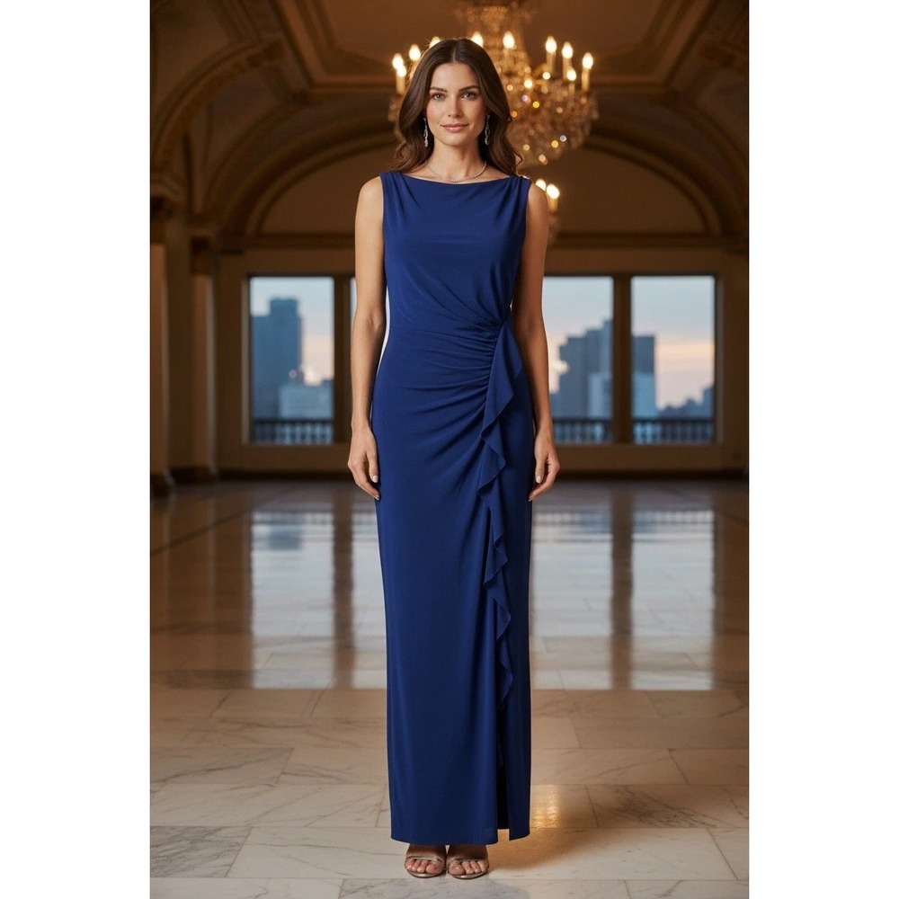 New Lauren Ralph Lauren Women's Long Navy Blue Sleeveless Formal Dress Size 12